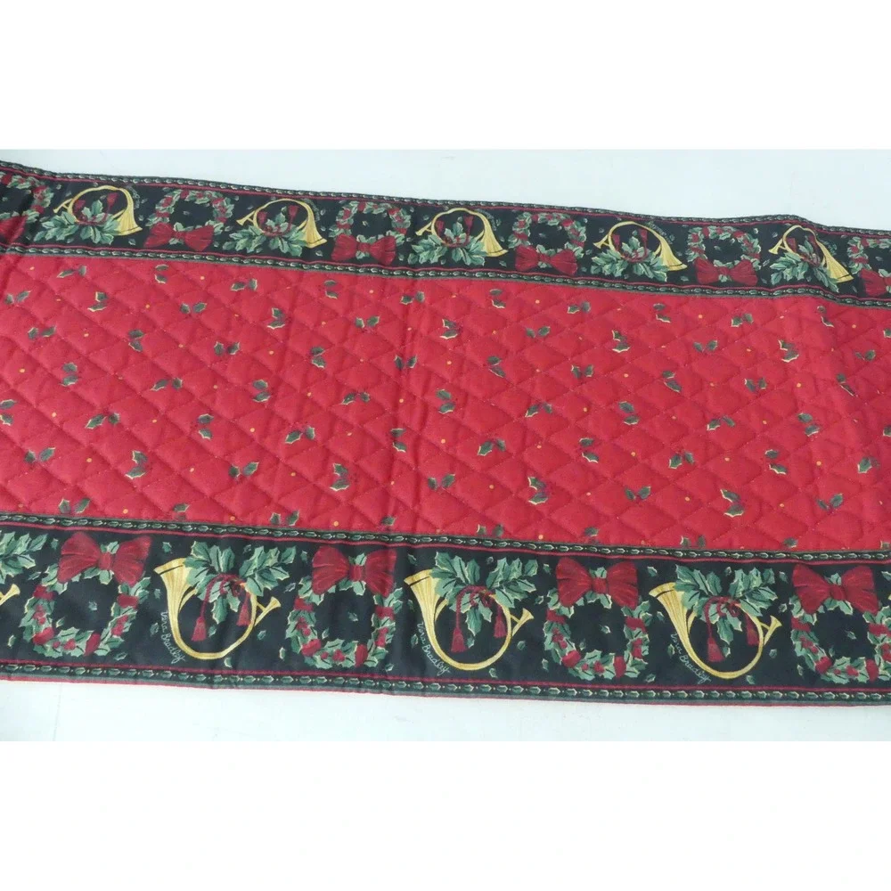 Vera Bradley Quilted Table Runner Christmas Wreath Horn Red Black Retired 13x87